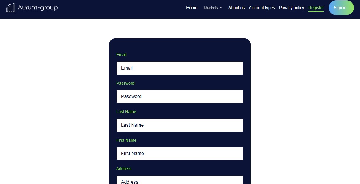AURUM GROUP Signup Page